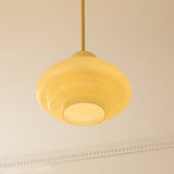 Bauhaus Pendelleuchte aus cremegelbem Glas with double insulated lights
