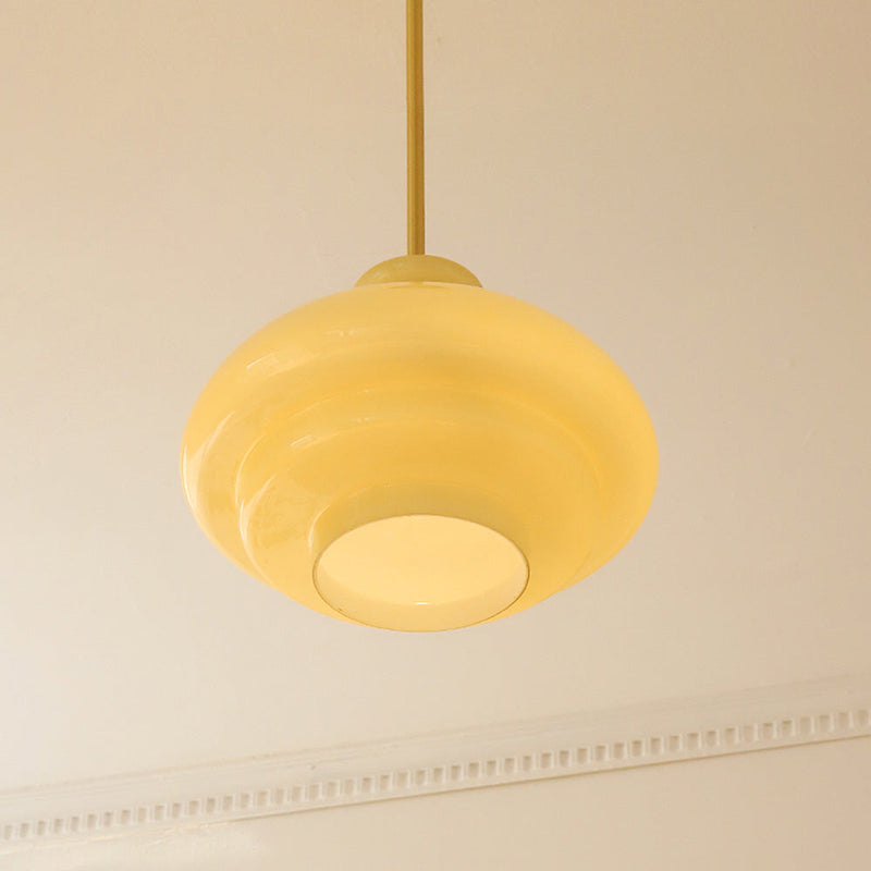 Bauhaus Pendelleuchte aus cremegelbem Glas with double insulated lights
