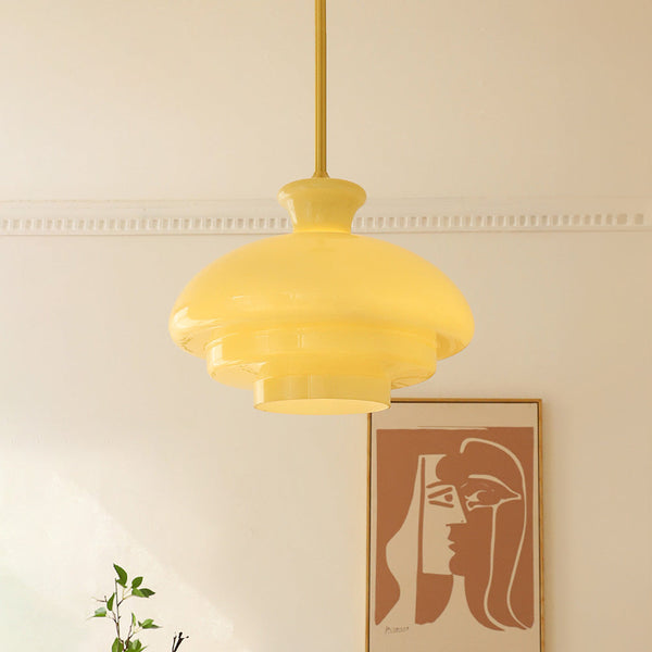 Bauhaus Pendelleuchte aus cremegelbem Glas with double insulated lights